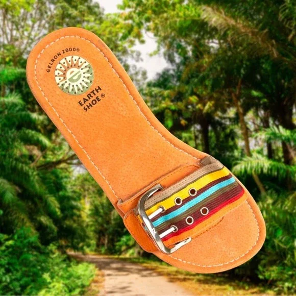Earth Shoe BIRCH Slides Gelron 2000 ORANGE Leather MULTI Stripe Strap Size 6 EUC - Picture 2 of 6